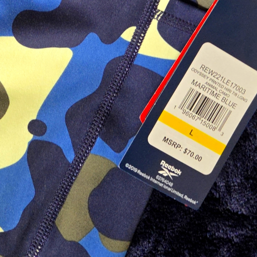 NWT REEBOK Blue and Yellow Camo Leggings, SIZE L